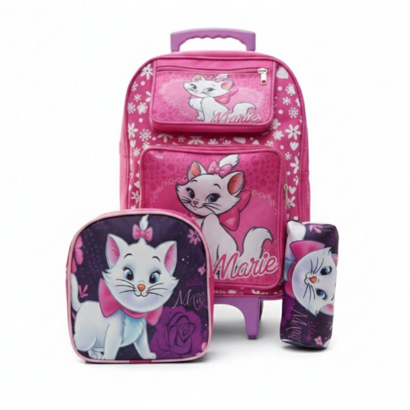 kit Escolar infanril Mochila com rodinhas, lancheira e estojo Gata Marie