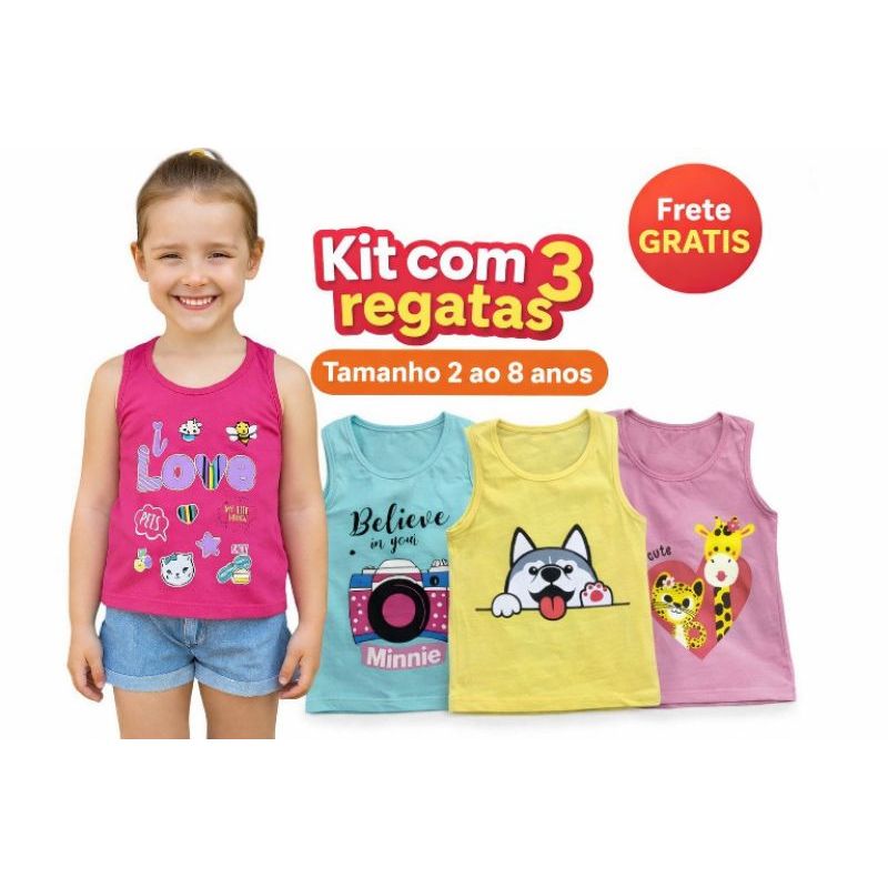 Kit 3 Regata Infantil Menina Algodão Do 2 ao 8 Anos Confortável