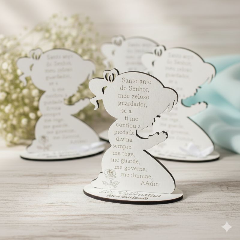20 Lembrancinha oração santo anjo menina em mdf branco 10cm batismo em Oferta na Shopee