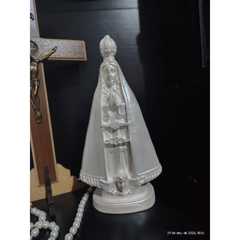 Imagem de Nossa Senhora Aparecida 21 cm Gesso Branco Perolado Artesanato Pintura Presente