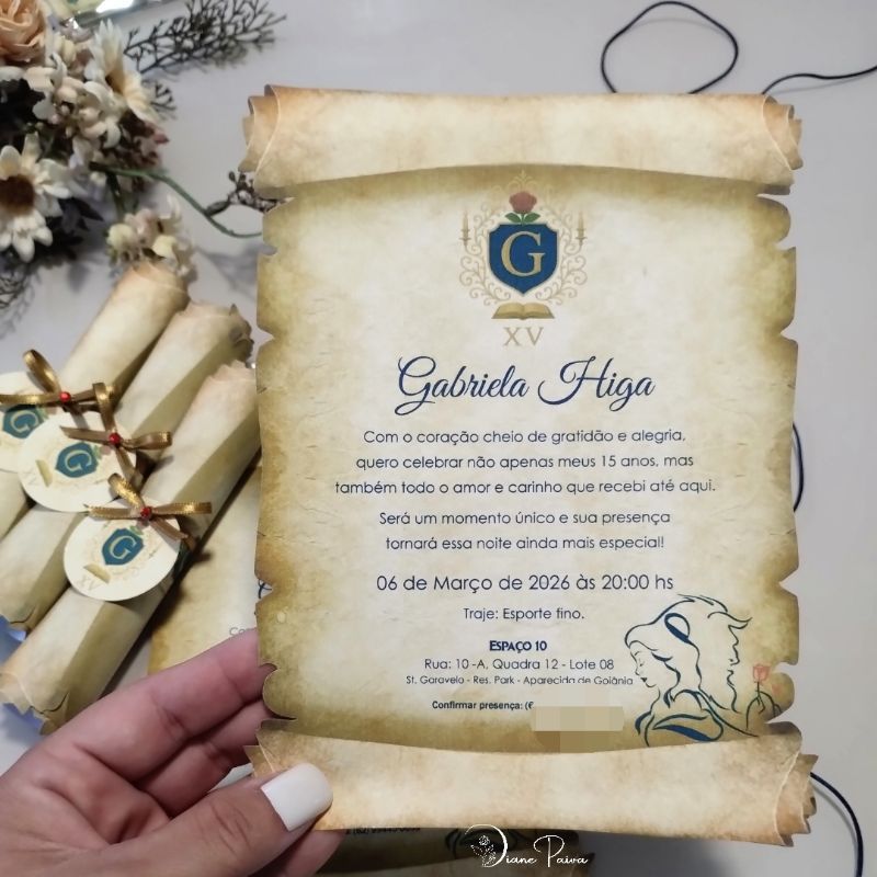Convite A Bela e a Fera Inspiração Convite 15 anos Convite Debutante Convite Pergaminho Convite de Casamento