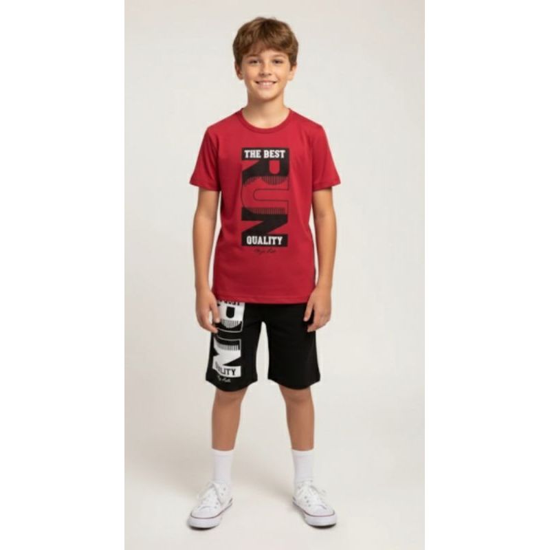 Conjunto Infantil Masculino Estampado – Camiseta + Bermuda. Estilo Urbano Luxo. Vermelho e Preto. Verão. De 2 a 12 anos.