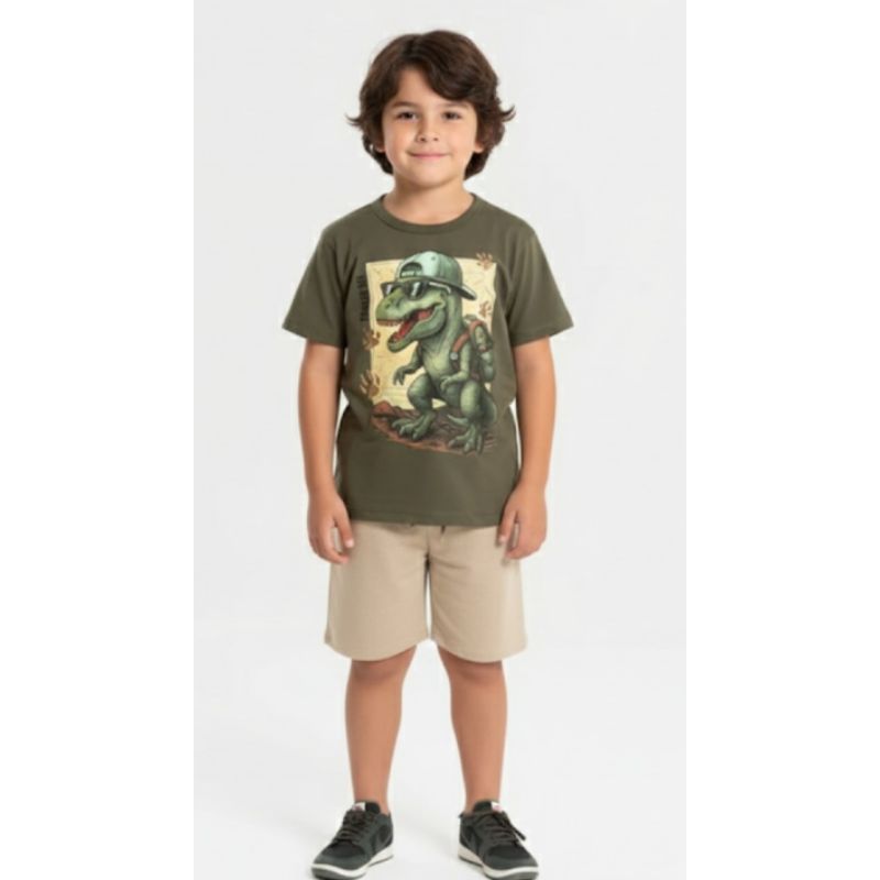 Conjunto Infantil Masculino Dinossauro – Camiseta Estampada + Bermuda | Estilo Aventureiro Luxo