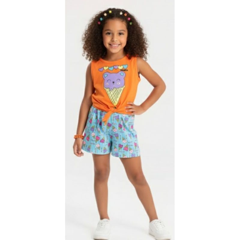 Conjunto Infantil Feminino Colorido. Blusa Laranja Sorvetinho + Short Estampado. Moda Verão. De 2 a 12 anos.