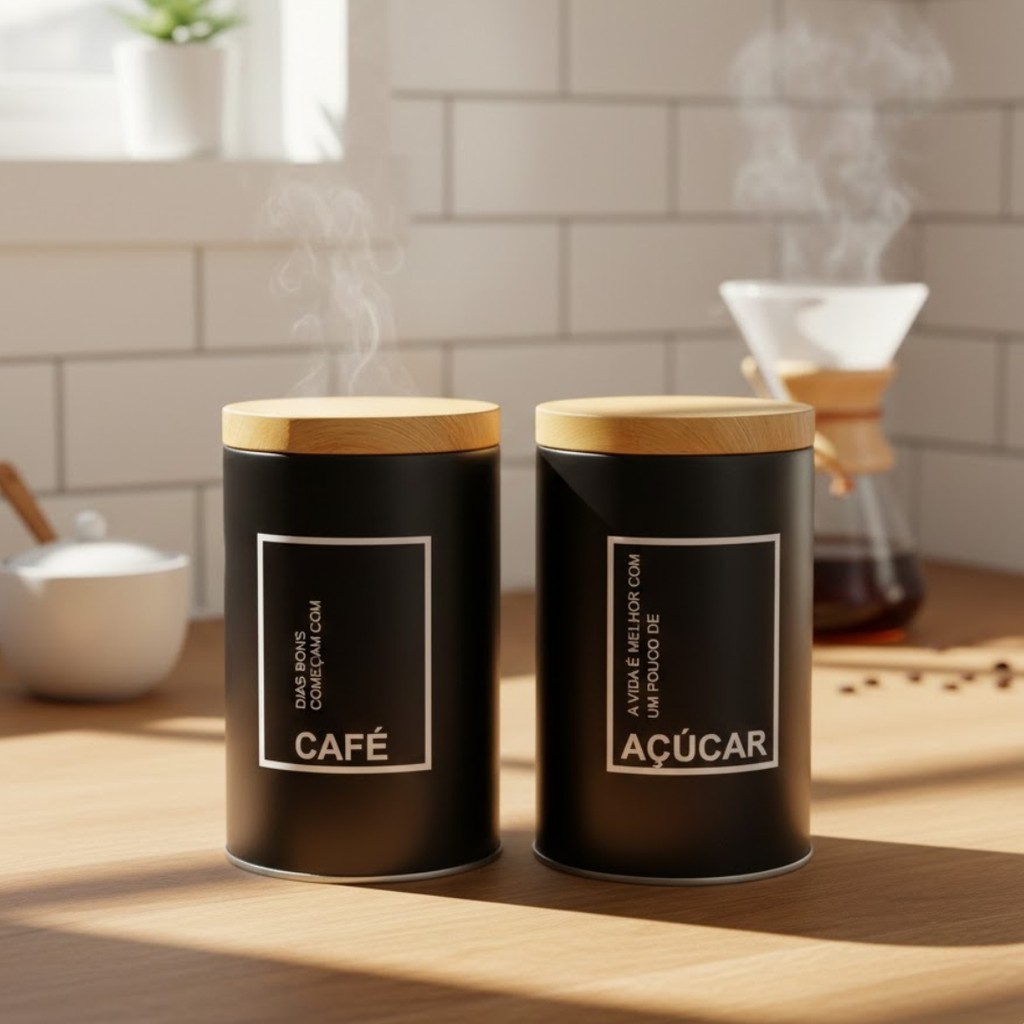 Kit Pote Café e Açúcar Lata Organizador Porta Alimentos Cozinha Mantimentos Grãos