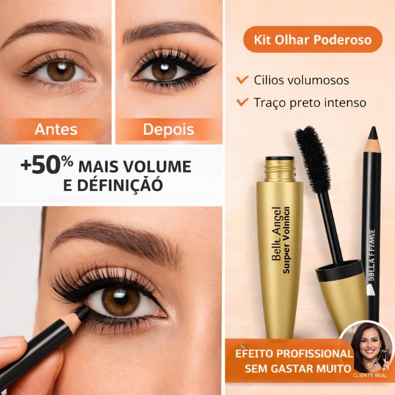 Kit Olhar Poderoso Máscara de Cílios Volume Belle Angel + Lápis Preto/Marrom Universal  Intenso Longa Duração