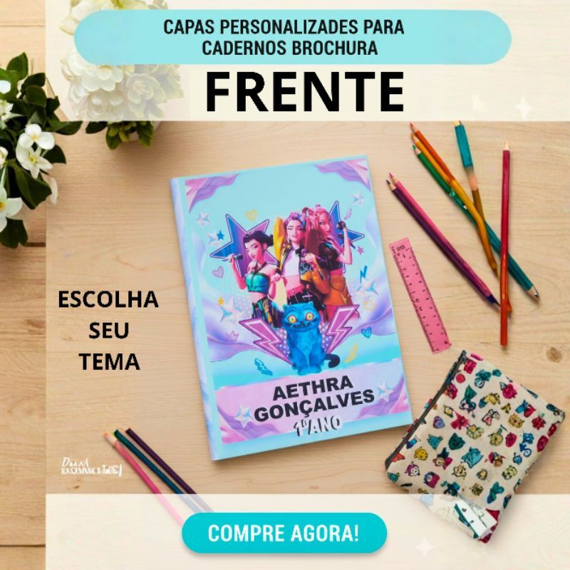 Capa de Caderno Adesivo Brochura Personalizada Escolar | Nome da Criança | Tema Infantil