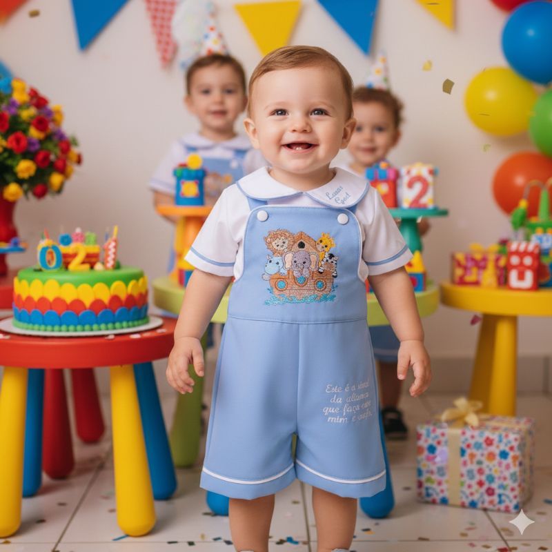 Conjunto Jardineira e Camisa bebê bordada personalizada aniversário