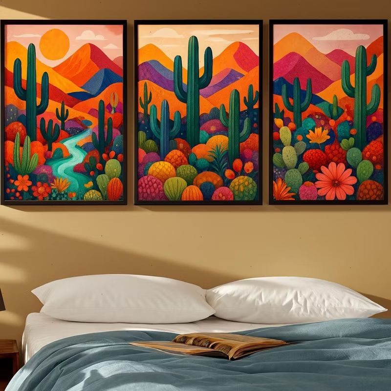 Kit 3 Quadros Decorativos Cactos coloridos Boho e Paisagem Vibrante 40x60cm MDF – H.E.P Decore