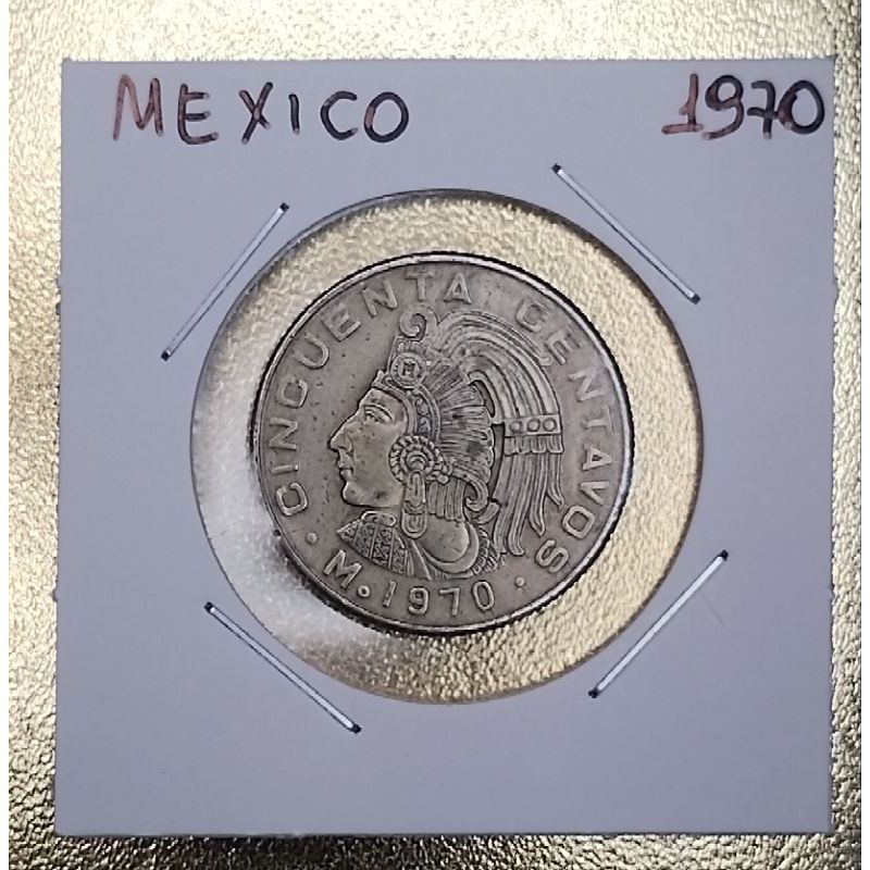 Moeda 50 Centavos México , 1970. Guerreiro Cuauhtémoc​, O anverso apresenta o imponente busto "Águia que Descende".