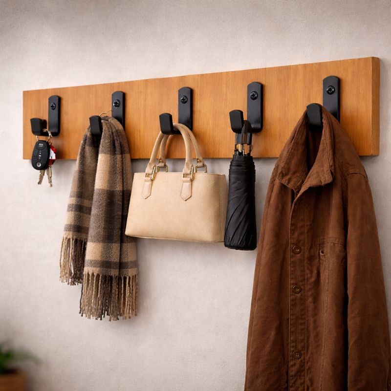 Cabideiro de Parede 5 Ganchos em Aço Preto Fosco, Base em MDF, Organizador Decorativo para Bolsas, Chaves e Roupas em Oferta na Shopee