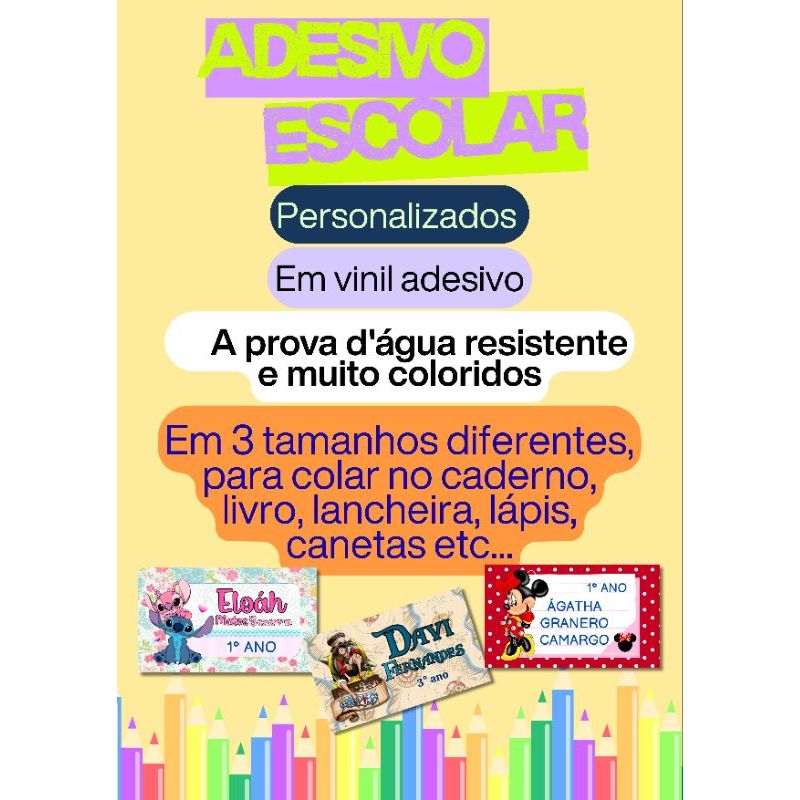 Etiqueta adesiva escolar personalizada em Vinil adesivo kit com 64 unidades, Vinil adesivo a prova d'água