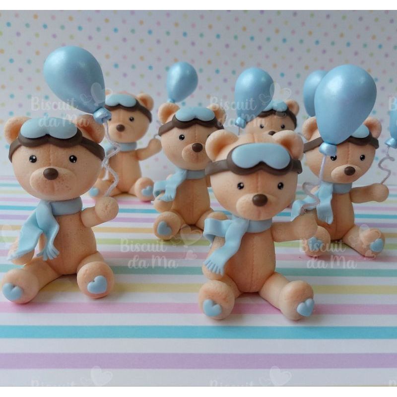 Aplique Ursinho Baloeiro/Aviador ( 10 unidades)  Biscuit Chá de Bebê Urso Aniversário Lembrancinha
