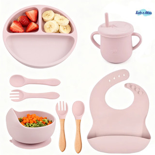 Kit Bebê 8 Peças Silicone Alimentar: Prato Ventosa Antiderrapante, Colher Termo, Garfo Mordedor + Canudo Treino