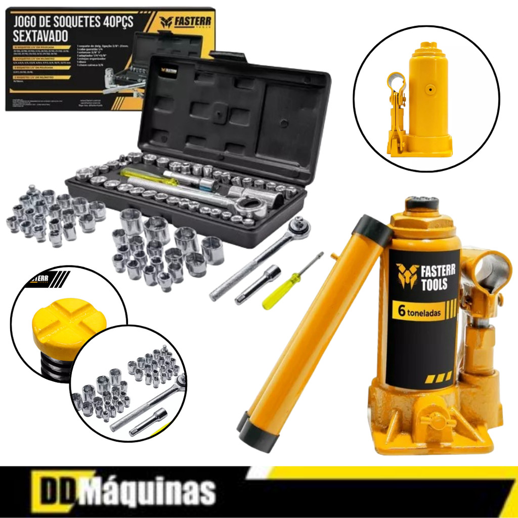 Kit Macaco Hidráulico 6 Toneladas + Jogo De Soquetes 40 Peças - Fasterr em Oferta na Shopee