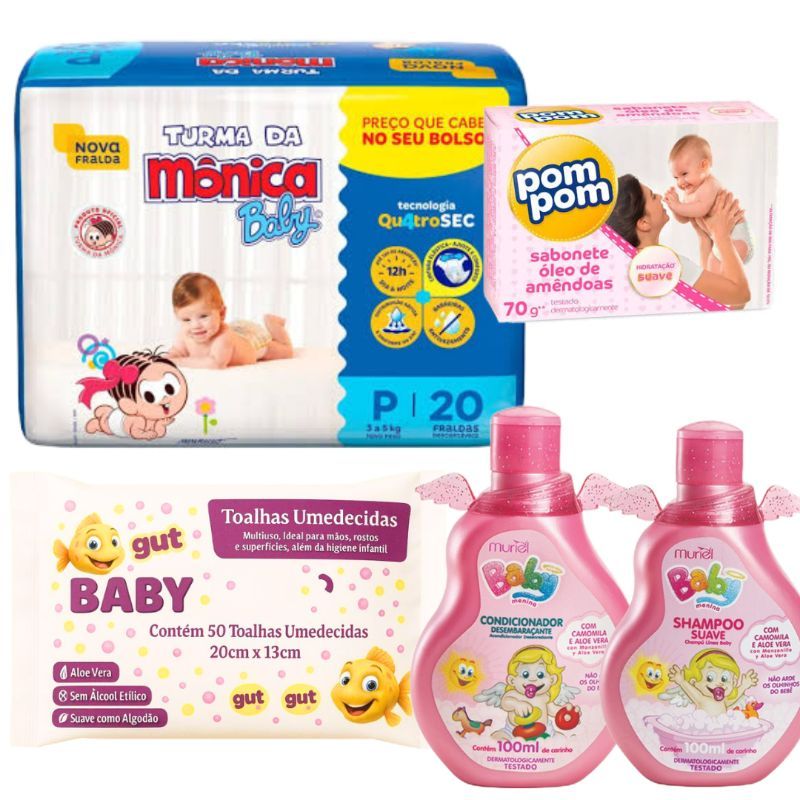 Kit Chá de Bebê Presente Fralda Turma da Mônica + lenço + sabonete + shampoo + Condicionador Menina Rosa