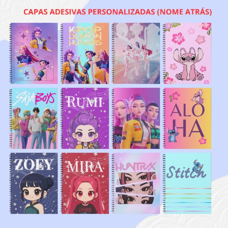 Capa adesiva de caderno escolar grande frente verso Huntrix guerreira kpop/bluey/Skye/Stitch/Kuromi TEMOS OUTROS TEMAS