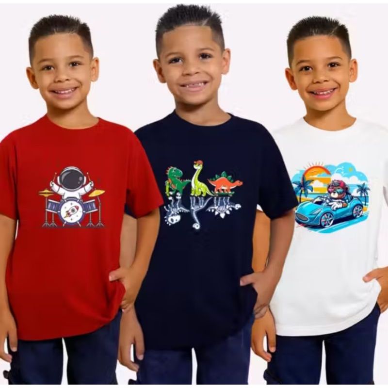 Kit 03 Camiseta Infantil Juvenil Menino Estampada Algodão Moda Infantil Estampas Variadas