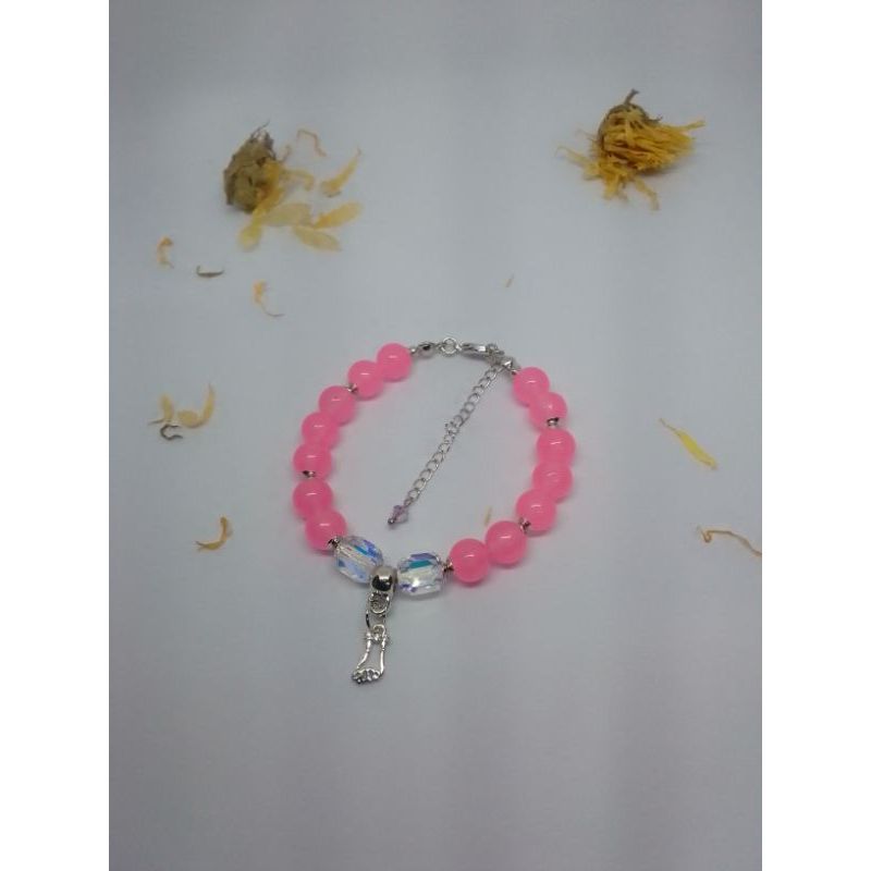 Pulseira de Jade Rosa Natural com Cristal Folheada a Ouro Branco 18K com Extensora