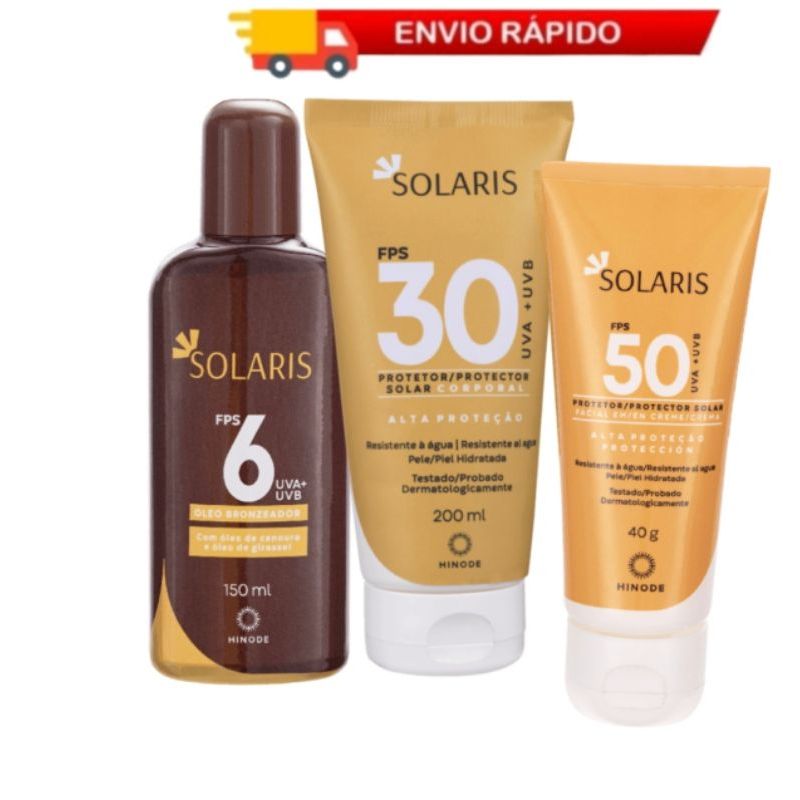 Kit Protetor Solar Facial FPS 50 I Corporal FPS 30 E Óleo Bronzeador Solaris Hinode - 3 Unidades
