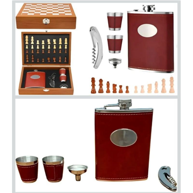 Kit Xadrez Luxo Com Cantil De Bolso Maleta De Madeira Presente Criativo Pai Namorado Jogos De Tabuleiro Completo 32 Peça