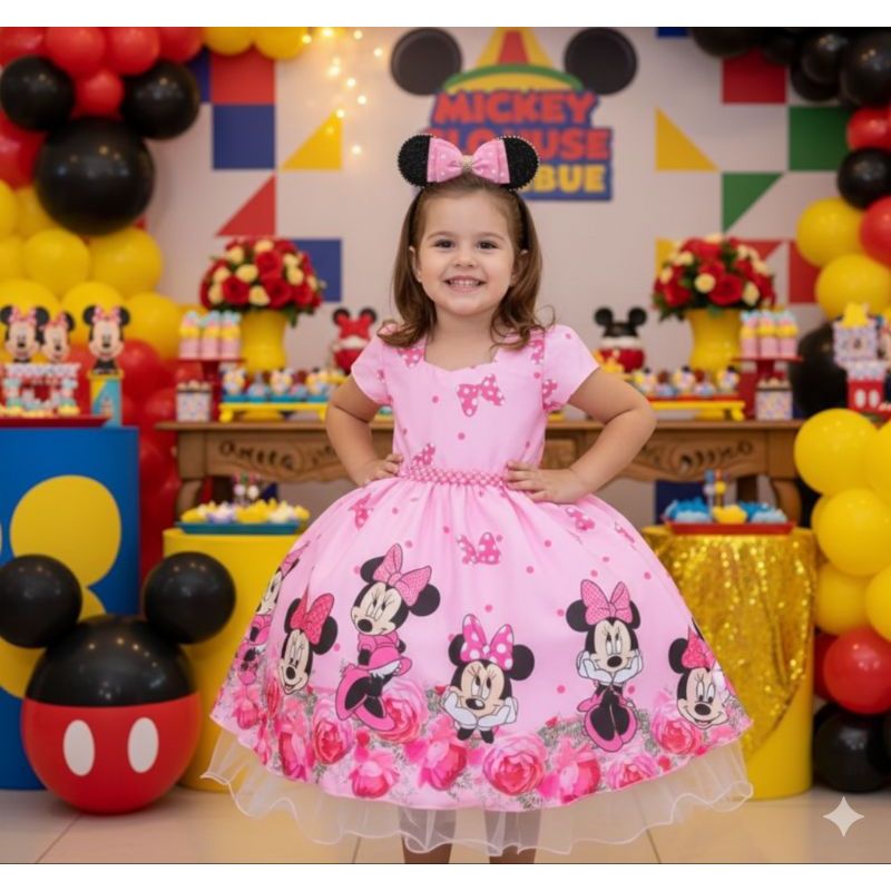 Vestido Minnie Minei Rosa festa infantil aniversário temático luxo