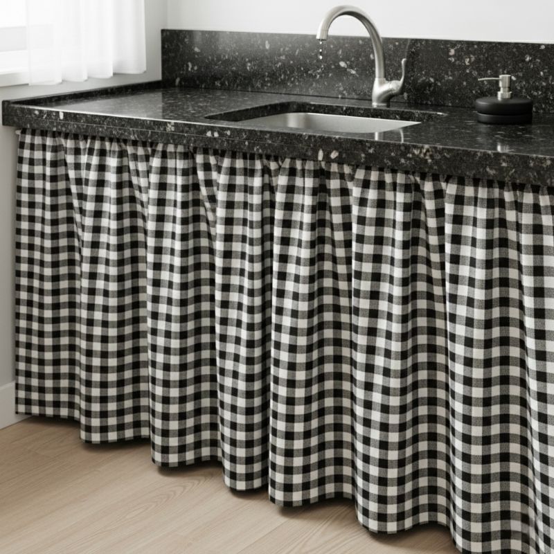 CORTINA PARA PIA XADREZ PRETA 1,40 X 0,80 TECIDO OXFORD – COZINHA LAVANDERIA BALCÃO GABINETE