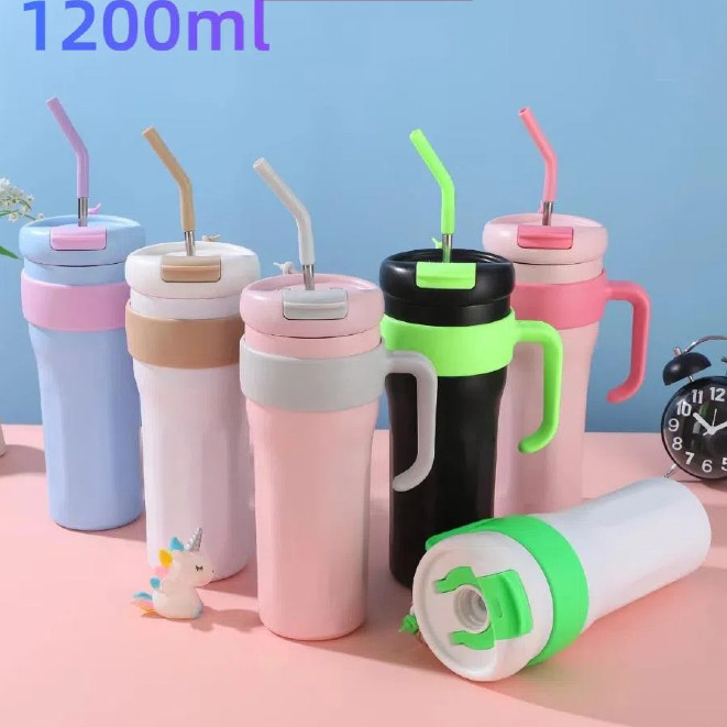 Copo Térmico Academia – 1200ml, Canudo de Inox | Tampa 2 Funções, Alça Prática | Isolamento Efetivo em Oferta na Shopee