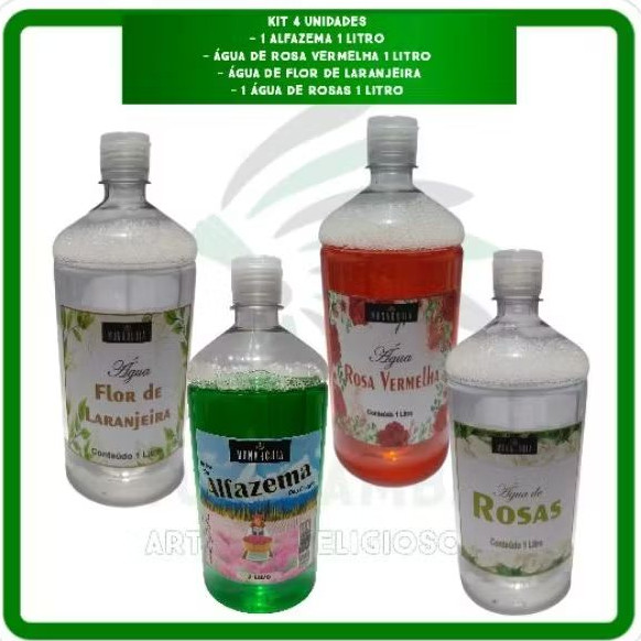 KIT 4 UNIDADES - 1 ALFAZEMA 1 LITRO, 1 ÁGUA DE ROSAS , 1 ÁGUA FLOR DE LARANJEIRA E 1 ÁGUA DE ROSAS VERMELHAS