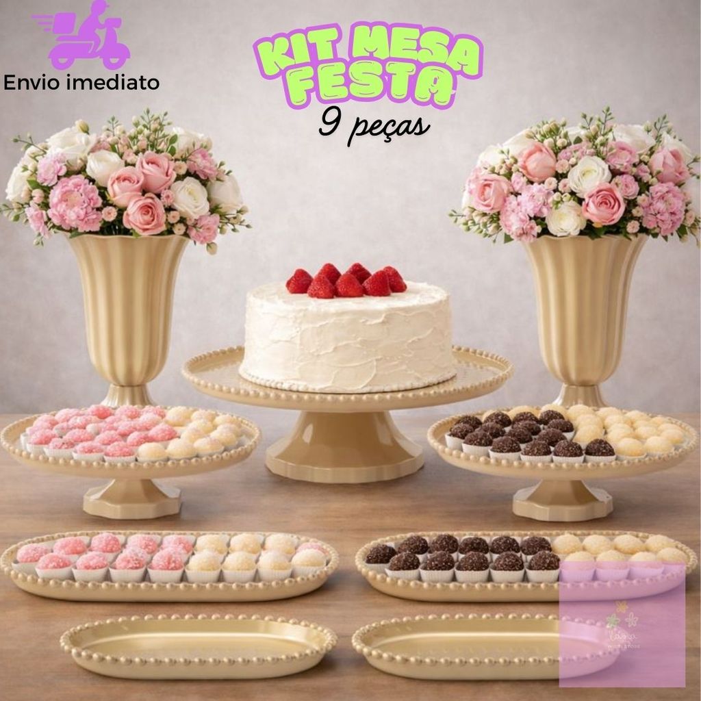 Kit Mesa de Festa Completo 9 Peças Boleira Suportes e Bandejas Decoração Modelo Pérola em Oferta na Shopee