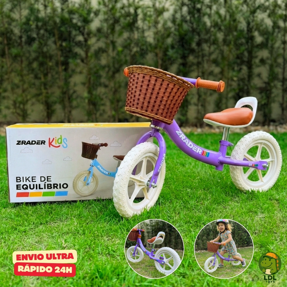 Bicicleta de Equilíbrio Infantil Balance Bike Com Cestinha Sem Pedal Aro 12 Criança Lilás Zrader
