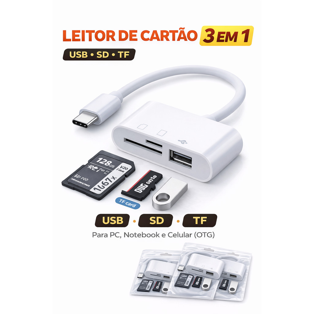 Leitor de Cartão 3 em 1 USB SD TF | Adaptador Memória p/ Celular Notebook PC