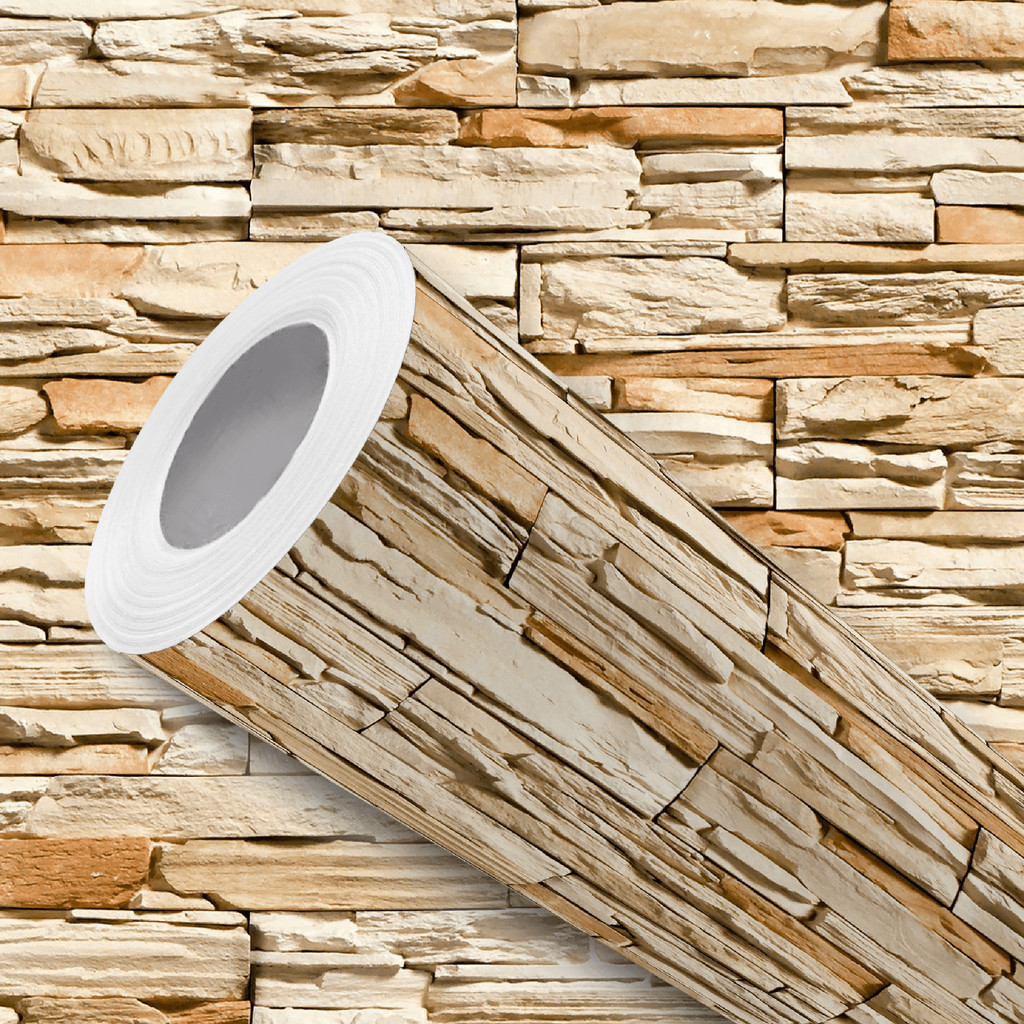 Papel de Parede Vinílico Filete Pedra Rústica Bege Adesivo Resistente