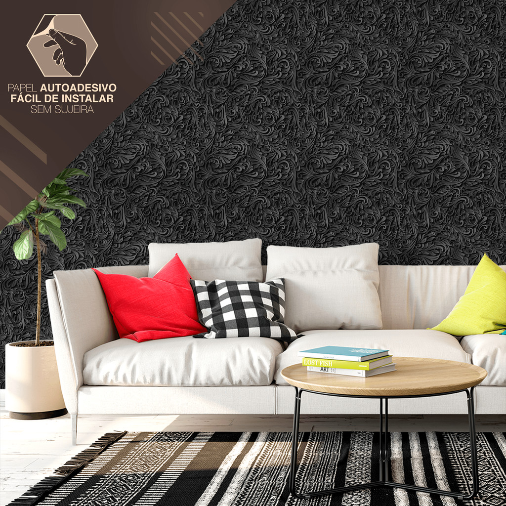 Papel de Parede Vinílico Preto Provençal Arabescos Adesivo Resistente