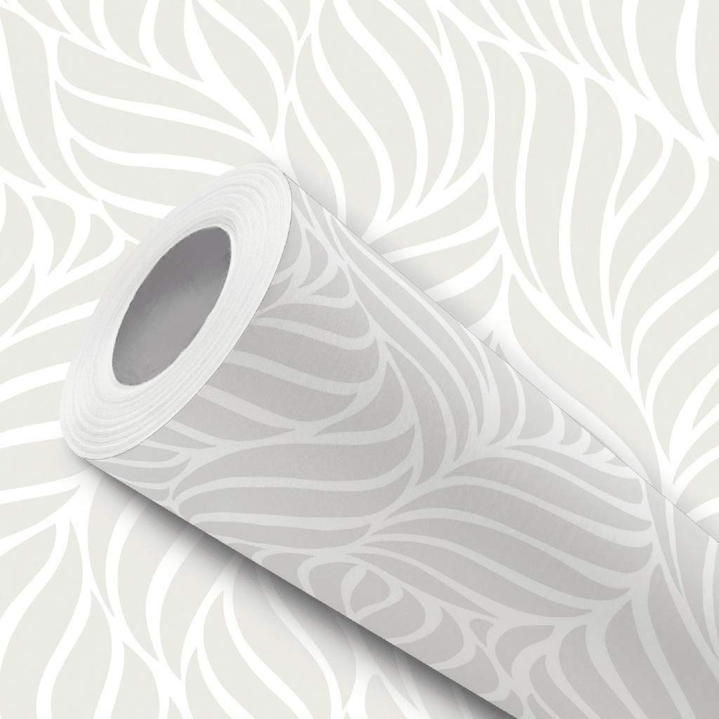 Papel de Parede Vinílico Cinza Claro Folhas Curvas Adesivo Resistente