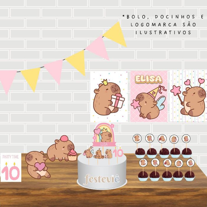 Kit festa em casa capivara cute aniversário personalizado capivarinha mesversário só um bolinho infantil escola