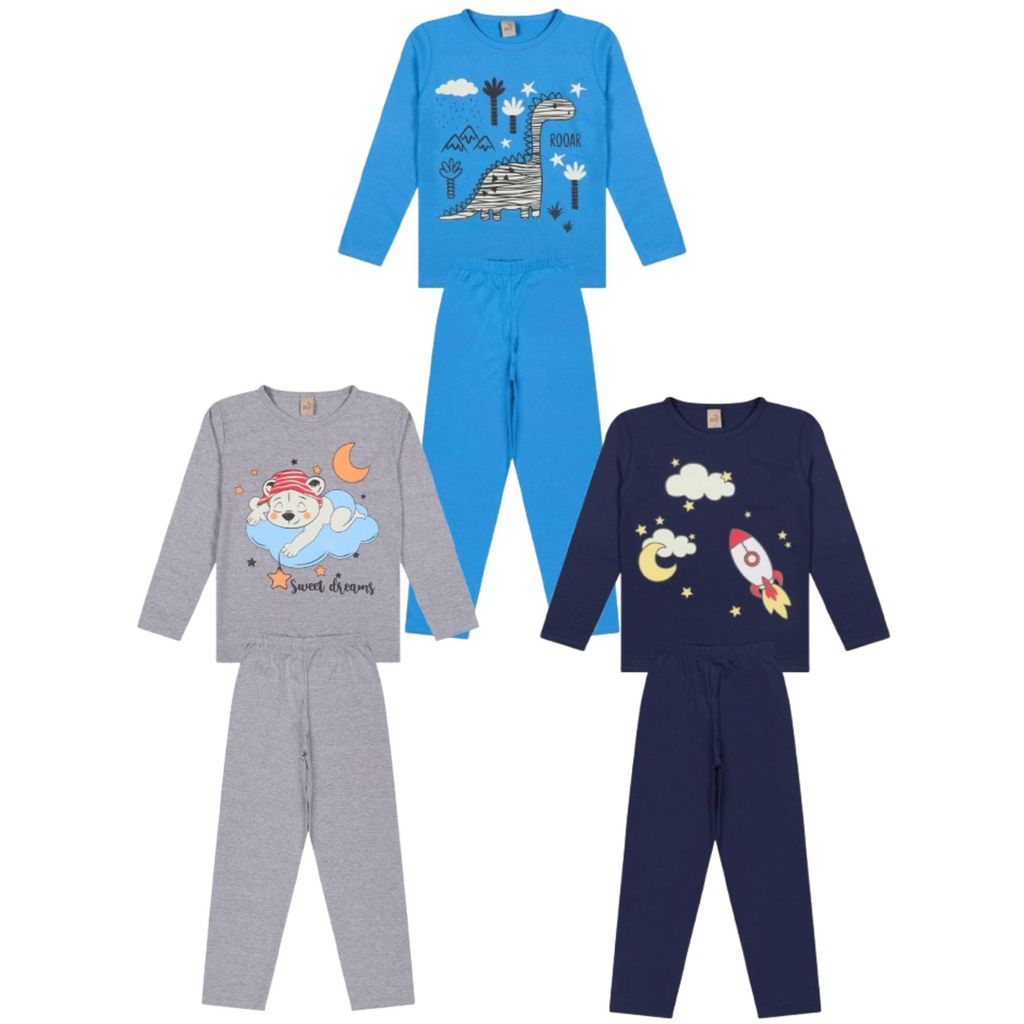 Kit 4 Peças Pijama Infantil Menino Manga Comprida Inverno Estampa Brilha no Escuro Tamanho 1 ao 14