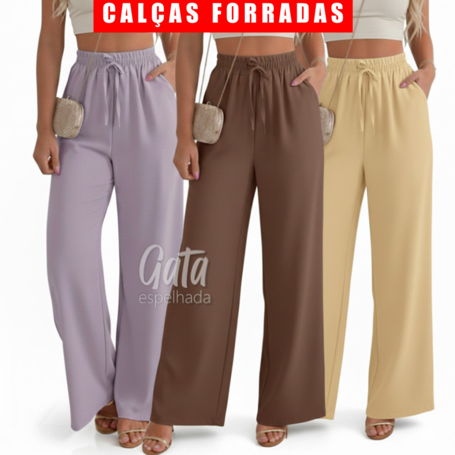 Calça Feminina COM FORRO Comfy Perna Larga Confortável e Bolsos Funcionais em Tecido Duna Trabalho Social e Dia a Dia em Oferta na Shopee