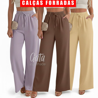Calça Feminina COM FORRO Comfy Perna Larga Confortável e Bolsos Funcionais em Tecido Duna Trabalho Social e Dia a Dia em Oferta na Shopee