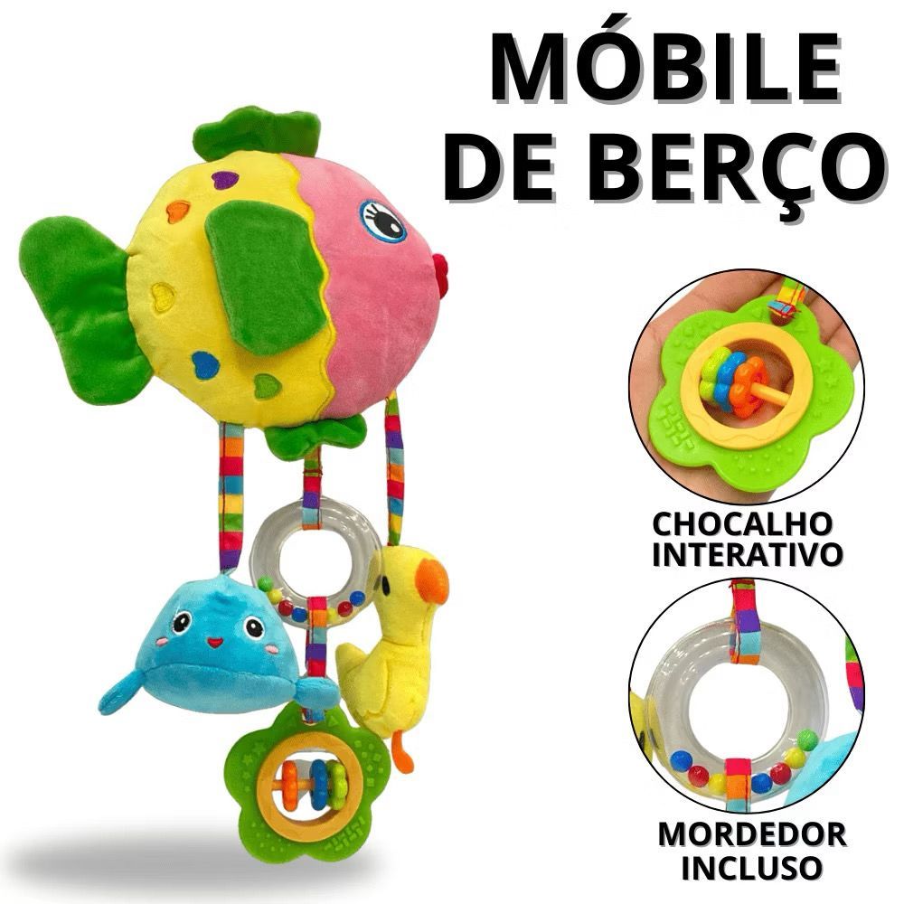 Móbile de Berço Infantil Colorido com Chocalho Interativo e Mordedor, Estímulo Sensorial, Pelúcia de Qualidade Enfeite