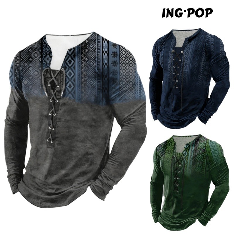 Camisa Henley De Manga Comprida Casual Vintage Para Homem Inspirada Na Moda Decote Redondo Cordão