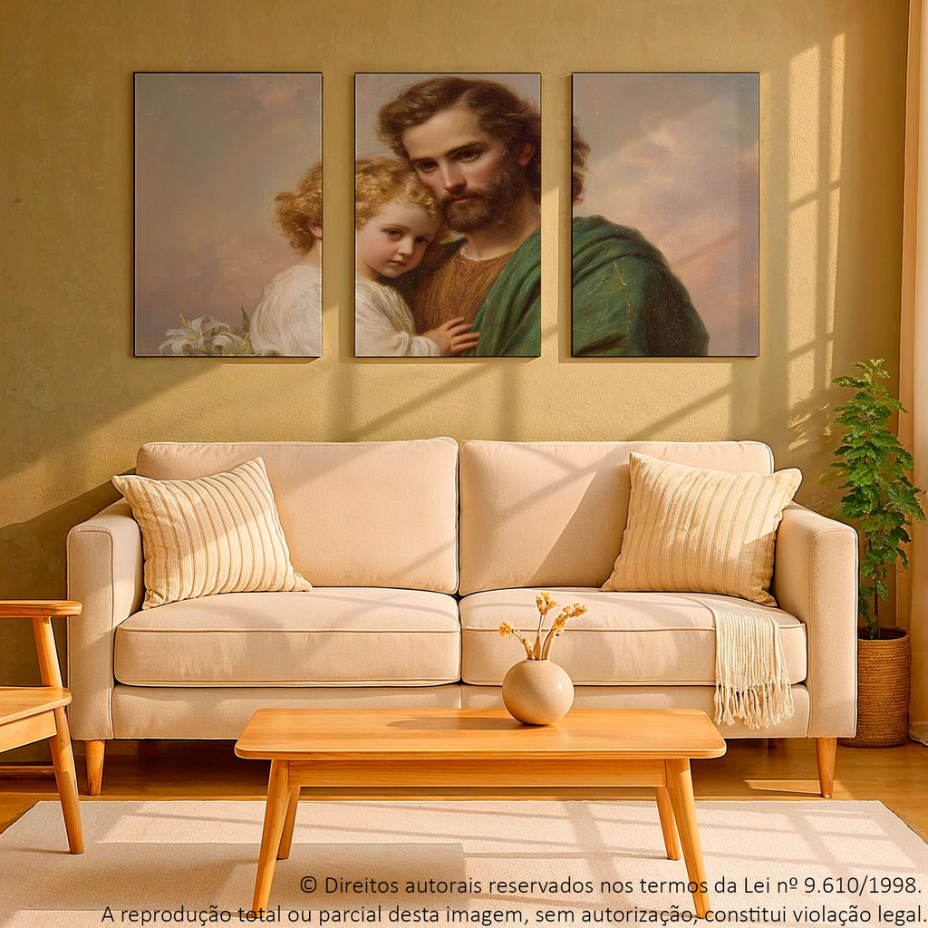 Kit 3 Quadros Decorativo Religioso O Guardião da Sagrada Família | Tríptico Sacro