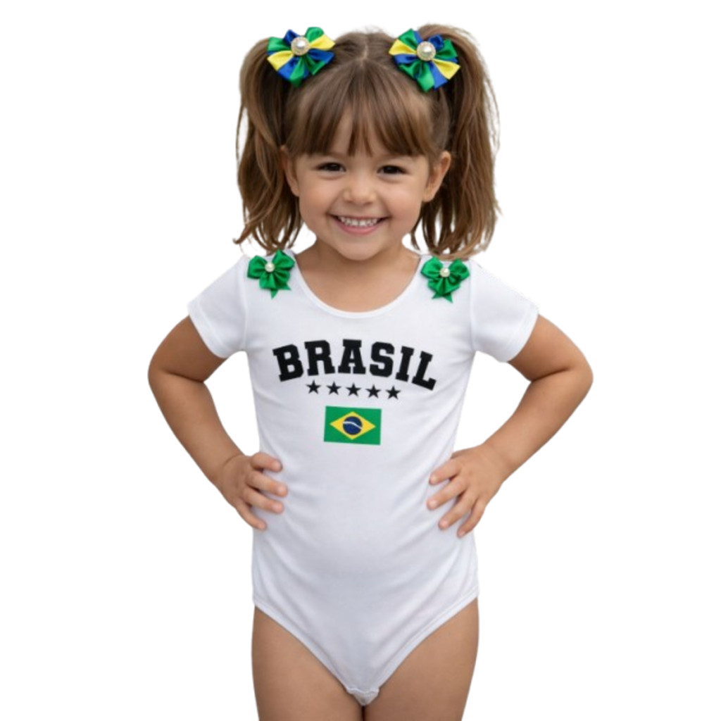 Body Menina Tema Brasil Copa Verde e Amarelo 8 Meses a 10 Anos