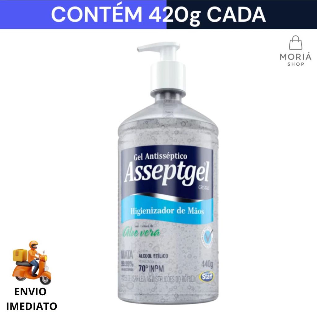 Álcool em Gel Antisseptico Asseptgel 420g Cristal Hidratante Aloe Vera Válvula Pump 70%INPM