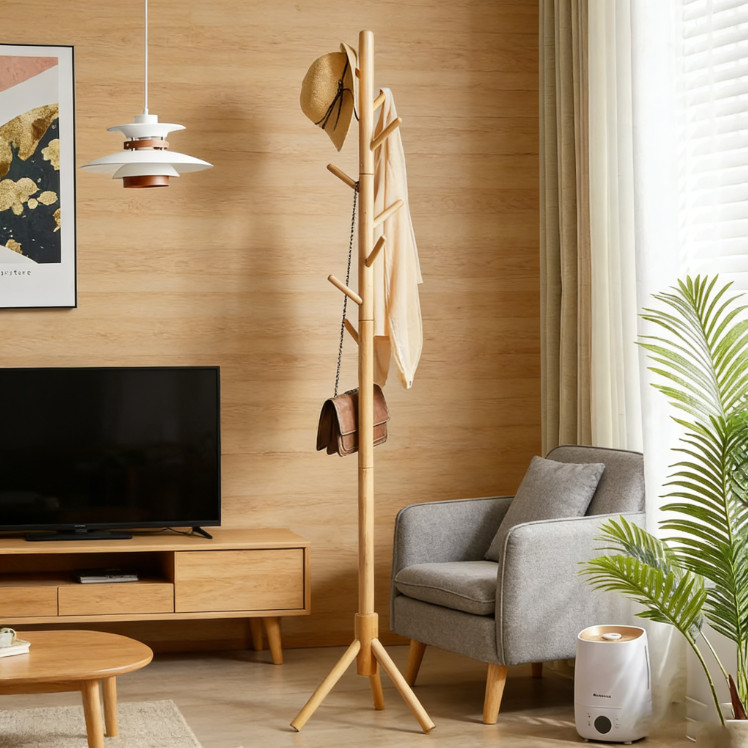 Cabideiro De Madeira Ecológico 173cm De Chão Desmontável Com 8 Ganchos Organizador Para Roupas em Oferta na Shopee
