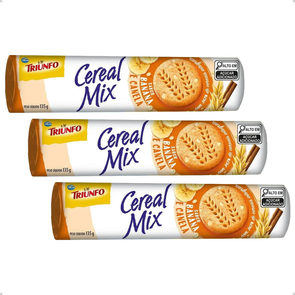 Kit Com 03 Biscoito Integral Cereal Mix Banana Canela Triunfo 135g 3 Un