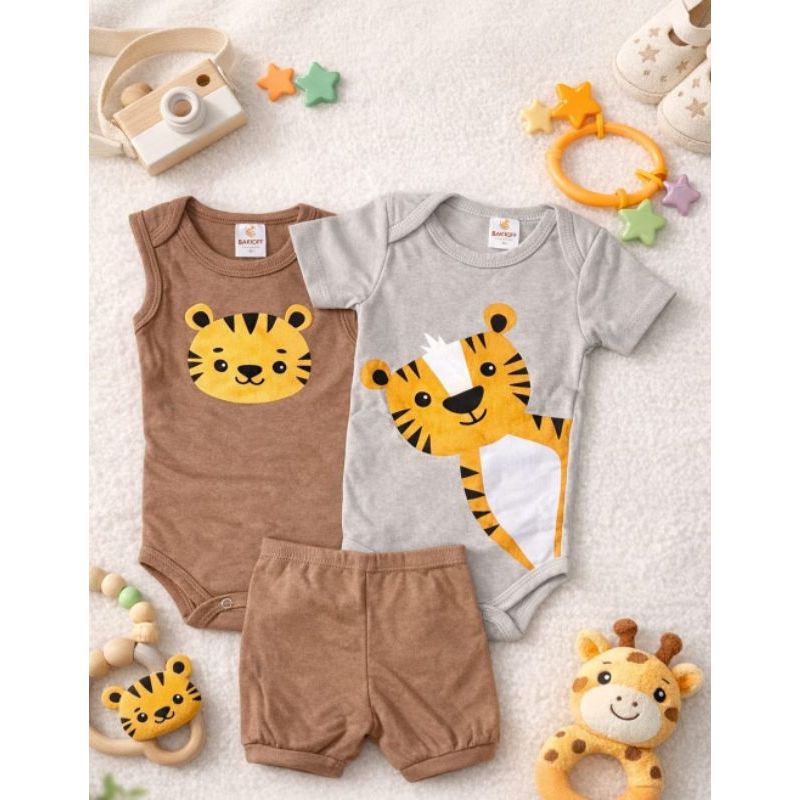 Kit Conjunto Bebê Menino 3 Peças - 2 Bodies (Manga Curta e Regata) + 1 Short Tapa Fralda - 100% Algodão Temático