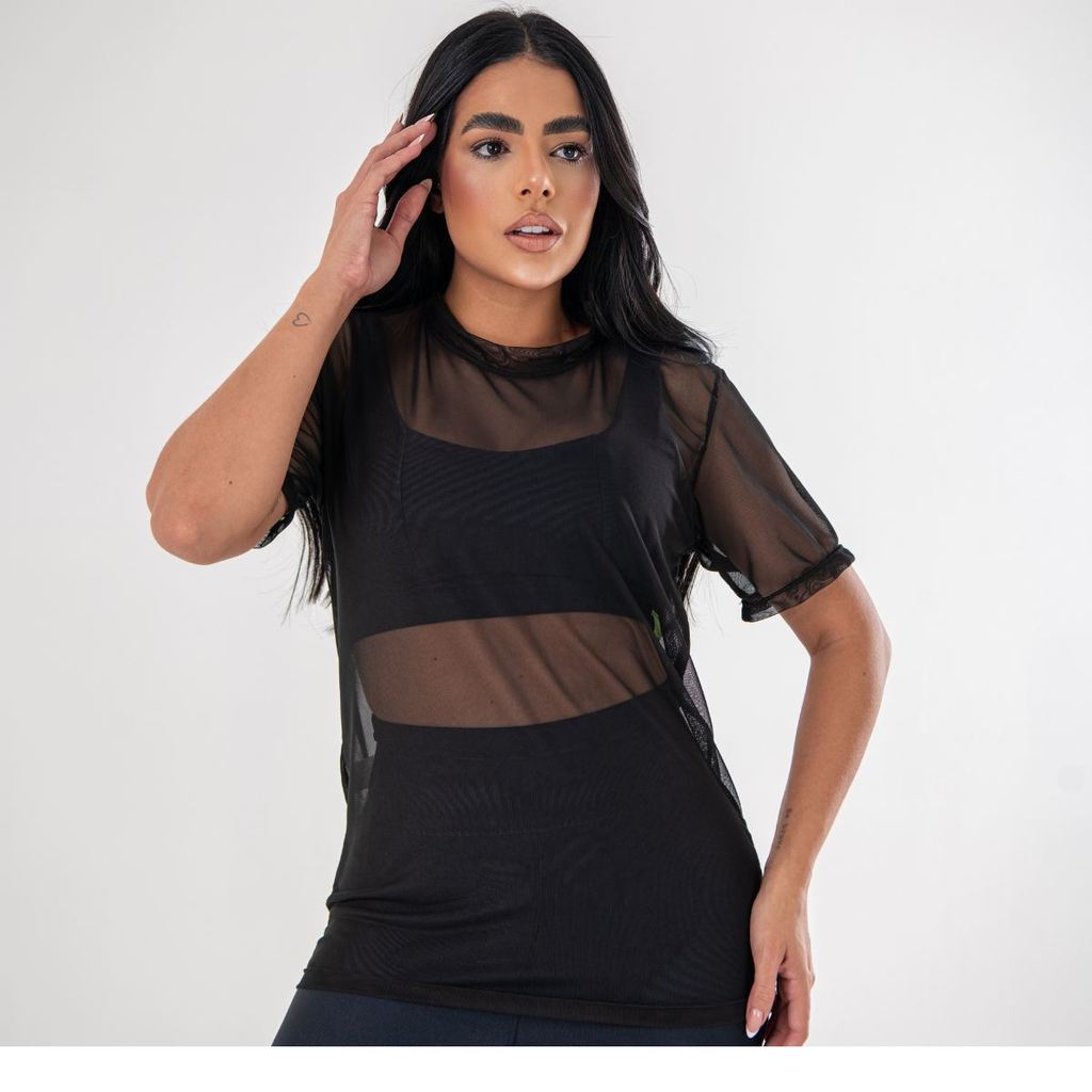 Blusa Feminina Transparente De Tule Manga Curta  Treino Fitness em Oferta na Shopee