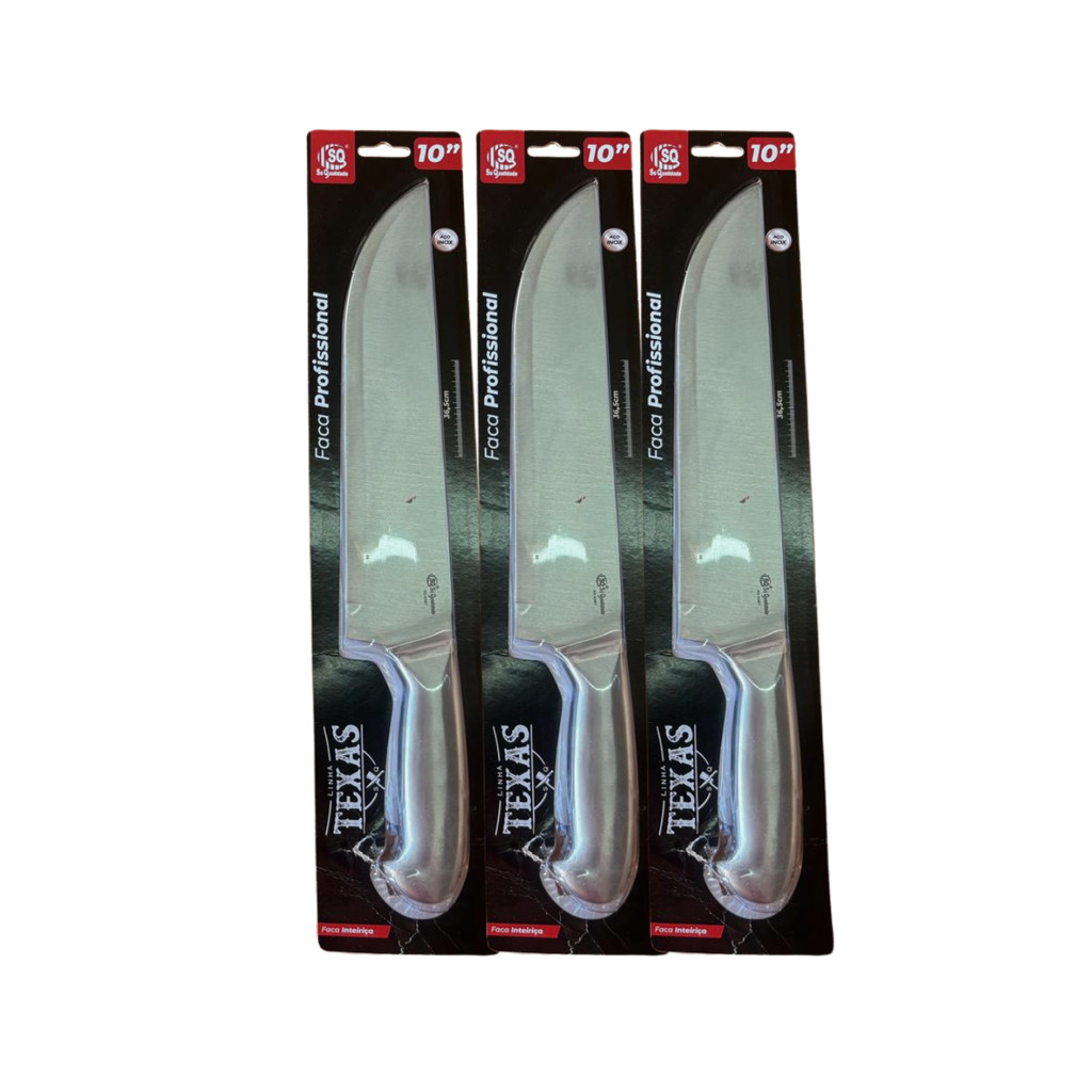 Faca 10” Aço Inox Inteiriça 36,5cm Profissional Para Carne Churrasco Kit 3 unidades
