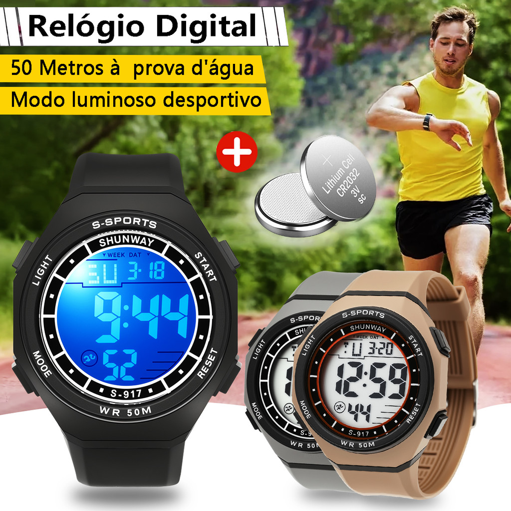 Relógio Esportivo Digital Masculino 50m À Prova de Água Cronômetro Visor Luminoso Data Semana 12/24h